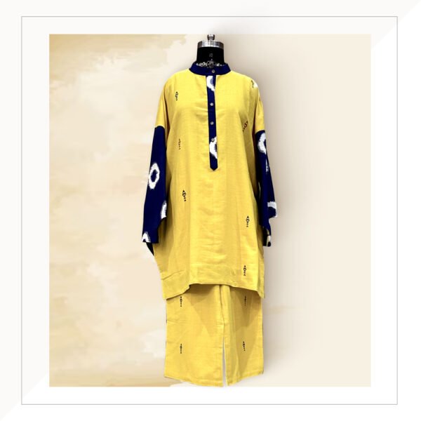 Yellow Kotpad Kurta And Pants With Blue Ikat Sleeves