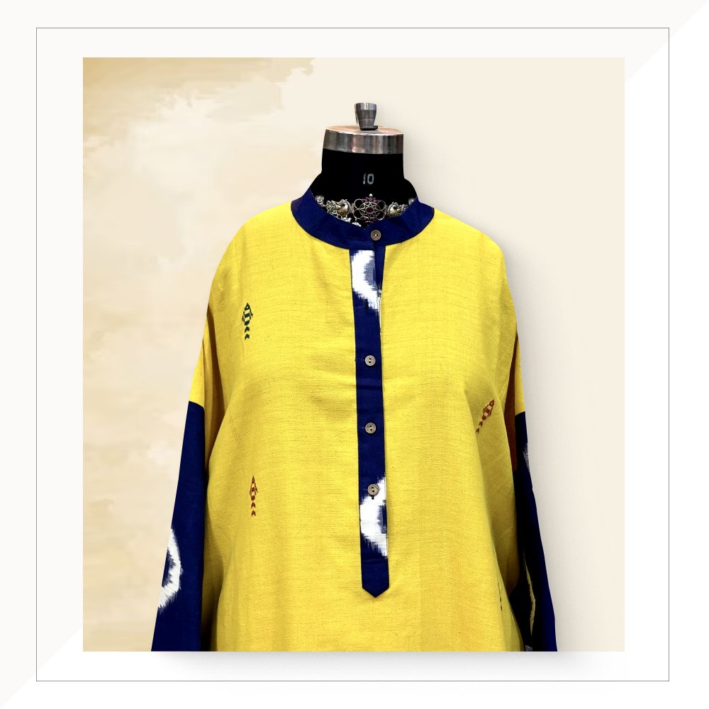 Yellow Kotpad Kurta And Pants With Blue Ikat Sleeves