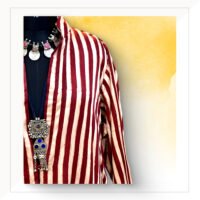 Red And Off White Stripes Ajrakh Modal Long Jacket With Inner