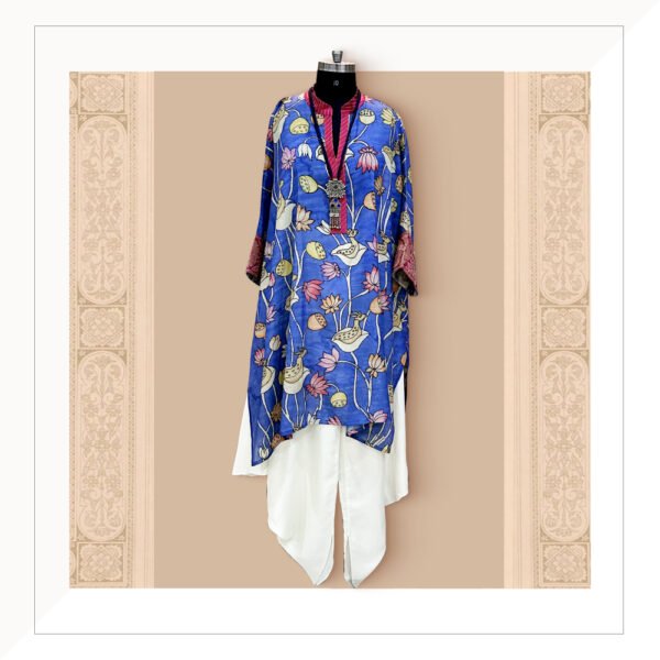 Blue Handpainted Silk Kalamkari Kurta With Pants