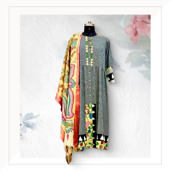 Grey Kurta With Yellow Handpainted Kalamkari Dupatta