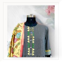 Grey Kurta With Yellow Handpainted Kalamkari Dupatta