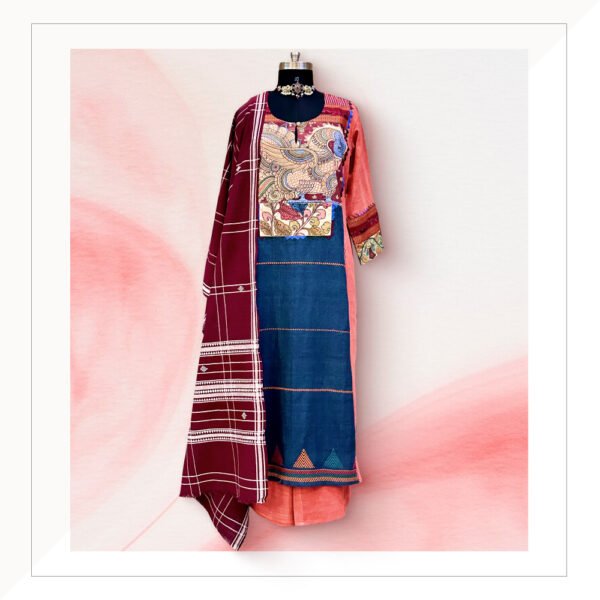 Burnt Peach Khadi Kurta And Pants With Maroon Kotpad Dupatta