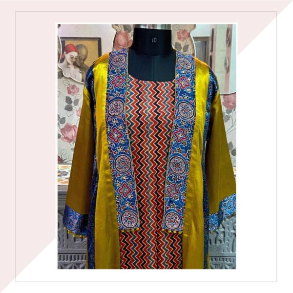 Mustard And Blue Mashru Panelled Jacket With Inner