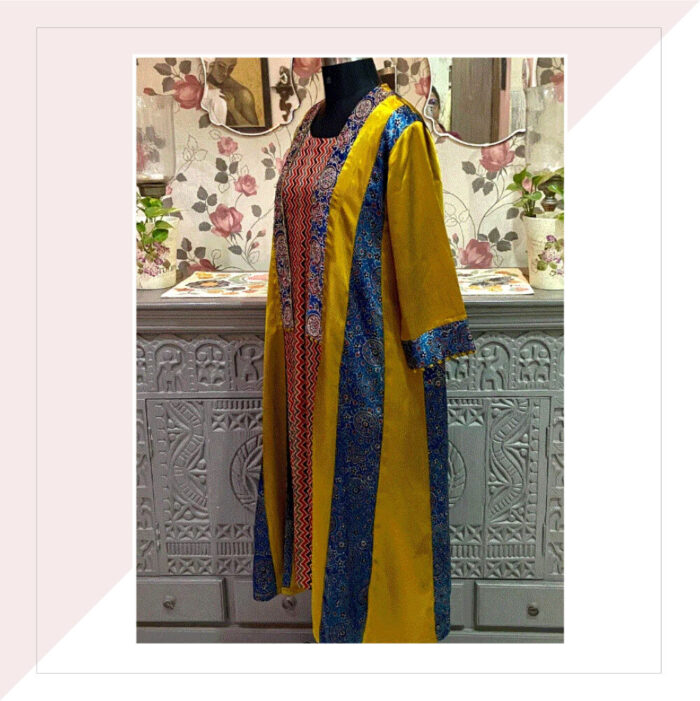 Mustard And Blue Mashru Panelled Jacket With Inner