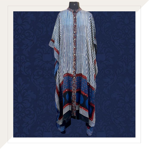 Ajrakh Modal Indigo Stripes Kaftan Dress with Mirrors