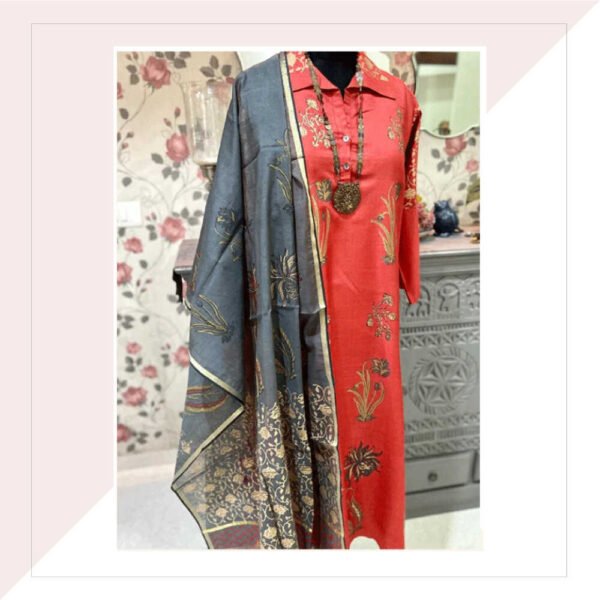 Red Silk Kurta With Grey Chanderi Dupatta