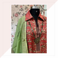 Silk Red Kurta And Green Dupatta