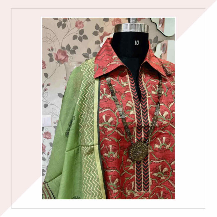 Silk Red Kurta And Green Dupatta