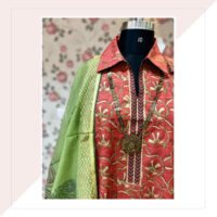 Silk Red Kurta And Green Dupatta