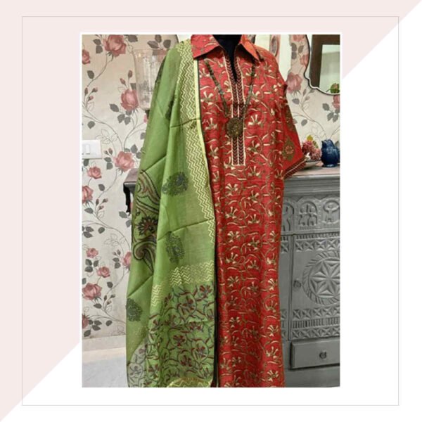 Silk Red Kurta And Green Dupatta