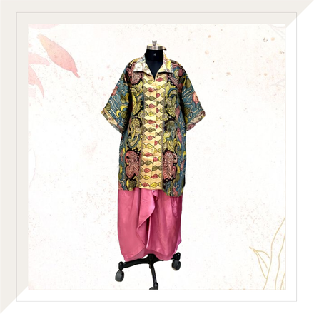 Blue And Pink Tussar Kalamkari Kurta With Dhoti Skirt