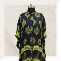 Black And Yellow Ajrakh Modal Kaftan Dress With Mirrors