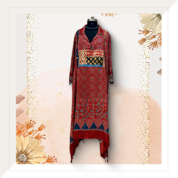 Ajrakh Modal Silk Long Dress In Red With Traditional Blocks And Brocade Patchwork