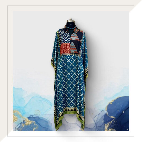 Ajrakh Modal Long Dress In Indigo And Green With Brocade