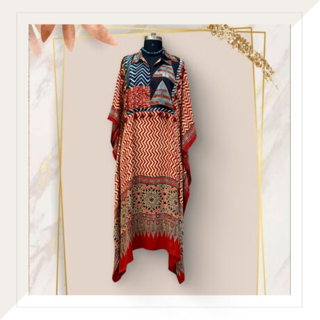 Ajrakh Modal Silk Long Kaftan Dress In Red Chevron Blocks With Brocade Patchwork