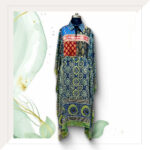 Ajrakh Modal Silk Long Kaftan Dress In Indigo With Traditional Blocks And Brocade Patchwork