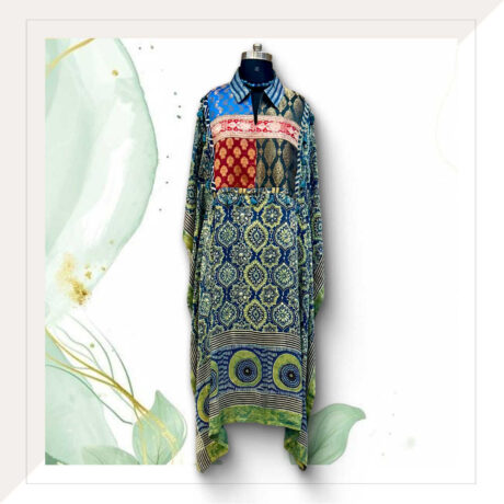 Ajrakh Modal Silk Long Kaftan Dress In Indigo With Traditional Blocks And Brocade Patchwork
