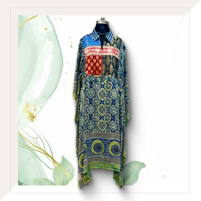 Ajrakh Modal Silk Long Kaftan Dress In Indigo With Traditional Blocks And Brocade Patchwork