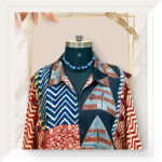 Ajrakh Modal Silk Long Kaftan Dress In Red Chevron Blocks With Brocade Patchwork
