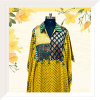 Yellow Ajrakh Modal Long Kaftan Dress With Brocade