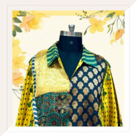 Yellow Ajrakh Modal Long Kaftan Dress With Brocade