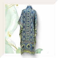 Ajrakh Modal Silk Long Kaftan Dress In Indigo With Traditional Blocks And Brocade Patchwork