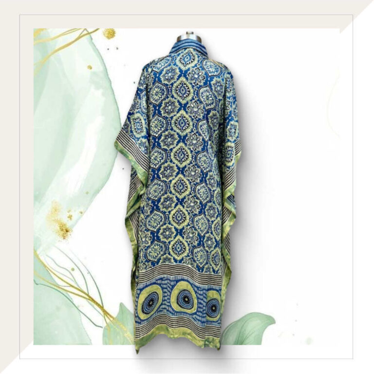 Ajrakh Modal Silk Long Kaftan Dress In Indigo With Traditional Blocks And Brocade Patchwork