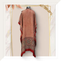 Ajrakh Modal Silk Long Kaftan Dress In Red Chevron Blocks With Brocade Patchwork