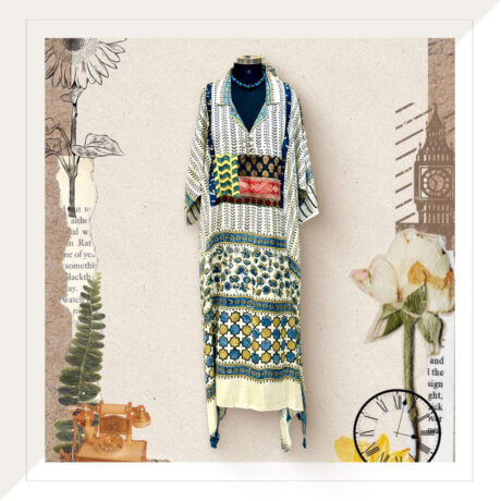 Off White And Black Ajrakh Modal Long Dress With Brocade