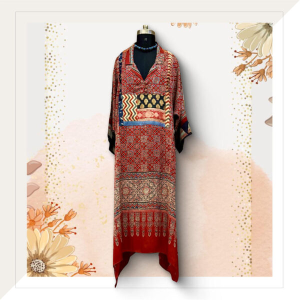 Ajrakh Modal Silk Long Dress In Red With Traditional Blocks And Brocade Patchwork