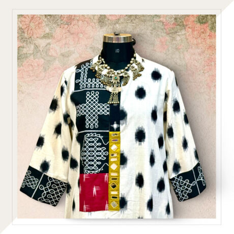 White and Black Ikat dress With Mirror Work ﻿