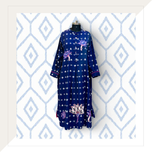 Indigo Ikat Long Dress With Patchwork